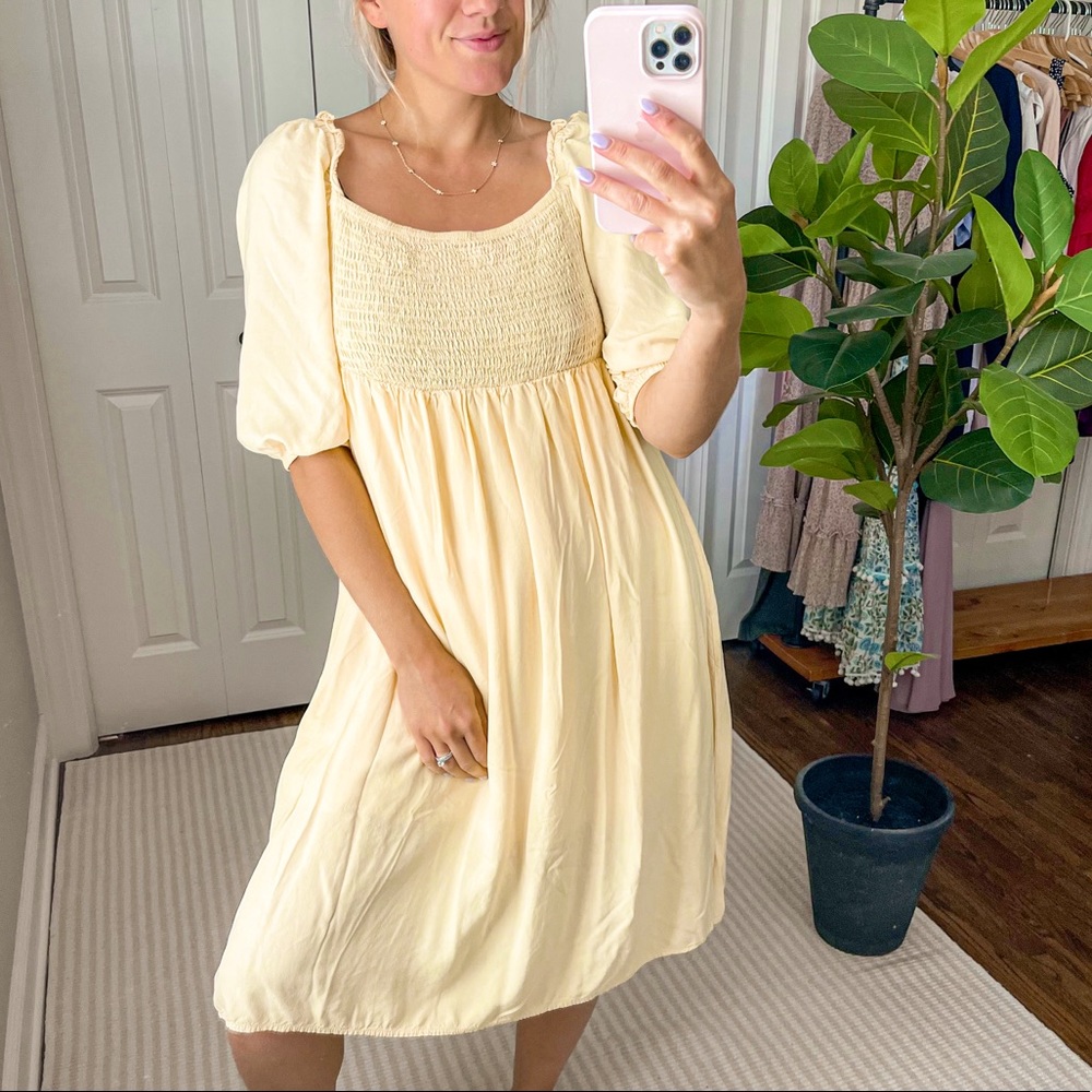 SHEIN Smocked Maternity Puff Sleeve Dress in Yellow S